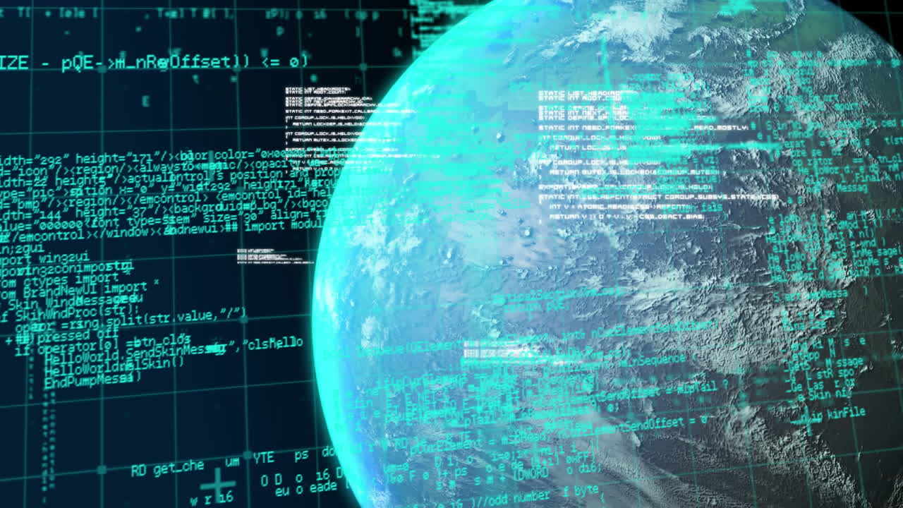 Digital code and data processing animation over rotating Earth in space