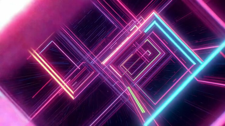 Cluster of colorful squares moving through geometric tunnel, with spark trails creating speed sense