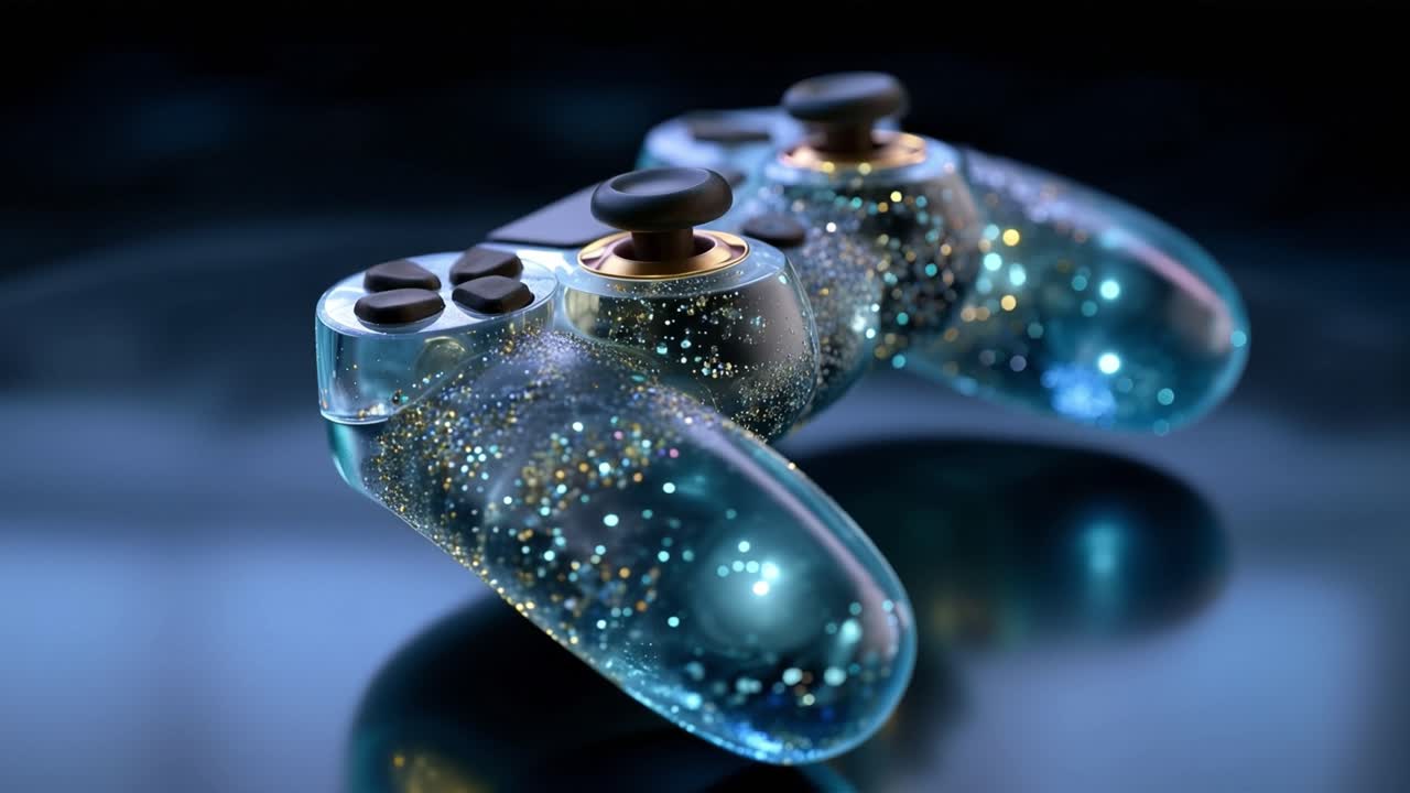 Glowing controller pulses with cosmic sparkles. Dark backdrop emphasizes its ethereal light. Reflections shimmer beneath the device. No people appear in this scene