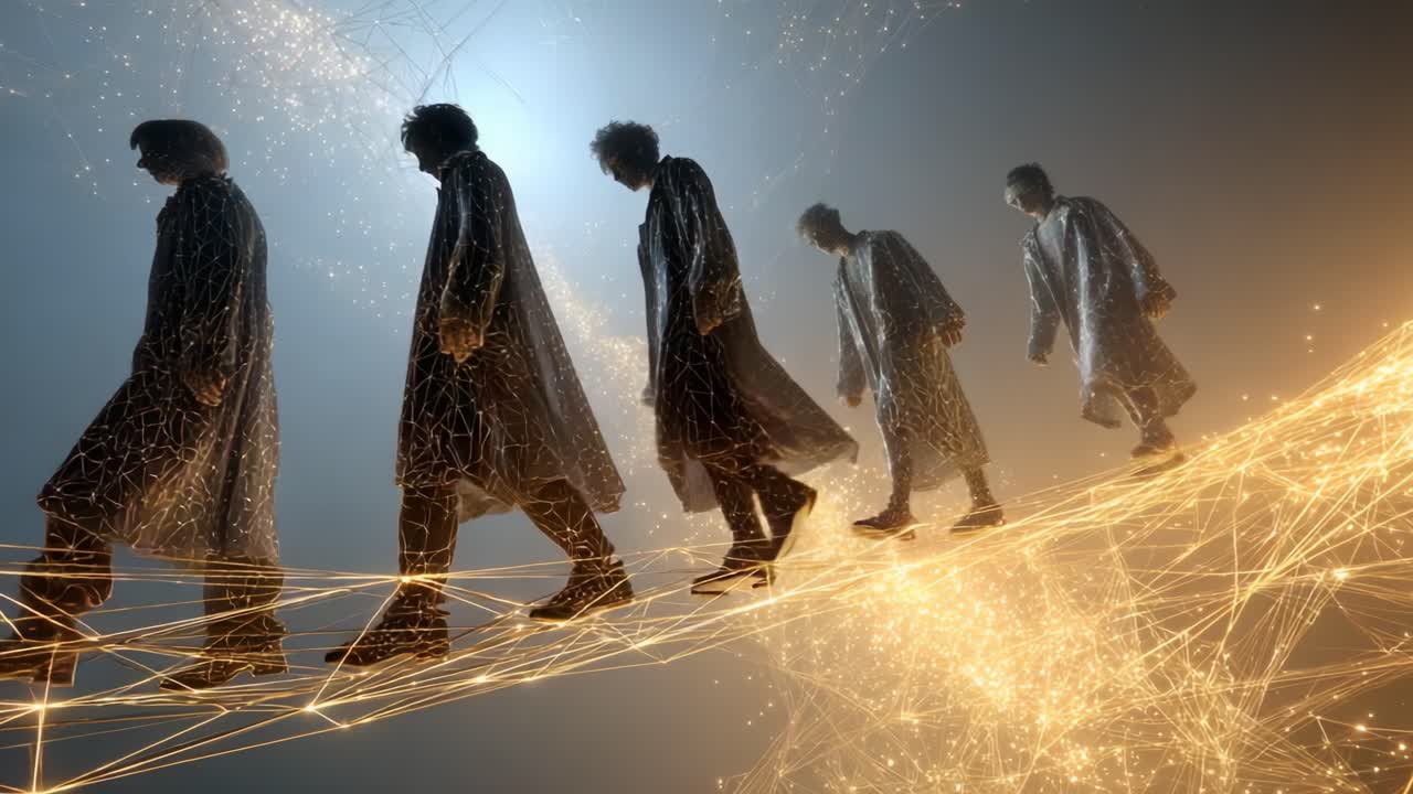 People walking on a digital network