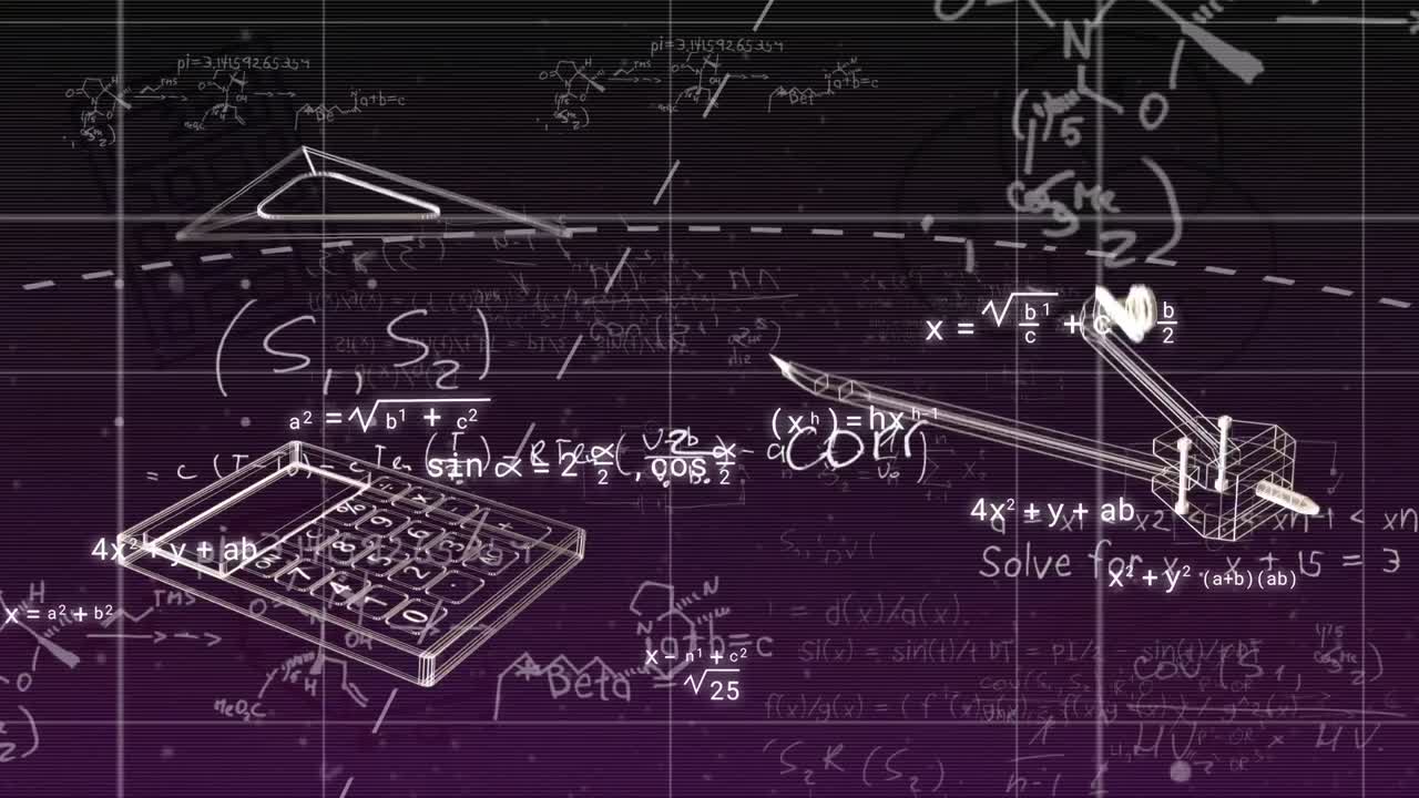 Animation of school icons over mathematical equations on purple background