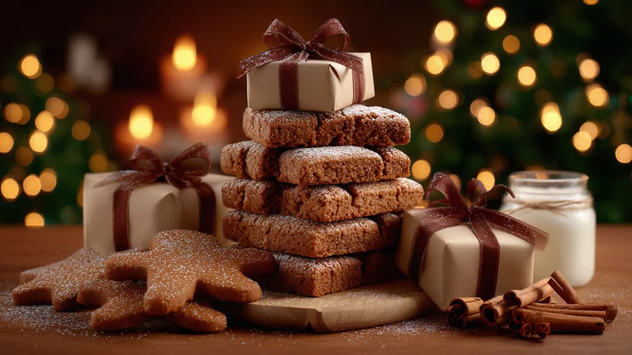 Eine festliche Präsentation von köstlichen Lebkuchen und handwerklichen Geschenkboxen, perfekt angeordnet für eine gemütliche Weihnachtsfeier mit einem warmen Ambiente