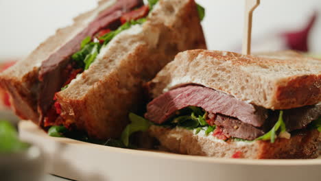 close-up of a gourmet steak sandwich