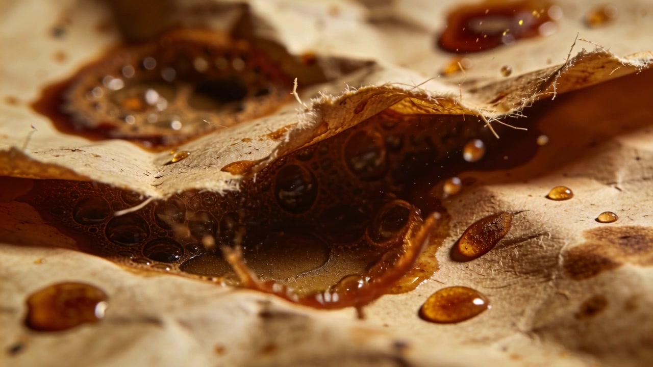 Goccia marrone scuro che cade e colpisce le fibre di carta stropicciata in macro, con bolle che si gonfiano e formano pozzanghere.