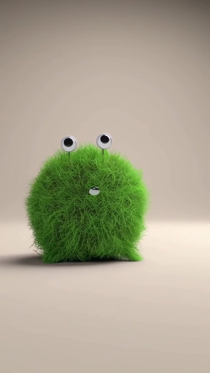 Animeret grønt, lodnet monster med rulleøjne, der udtrykker følelser