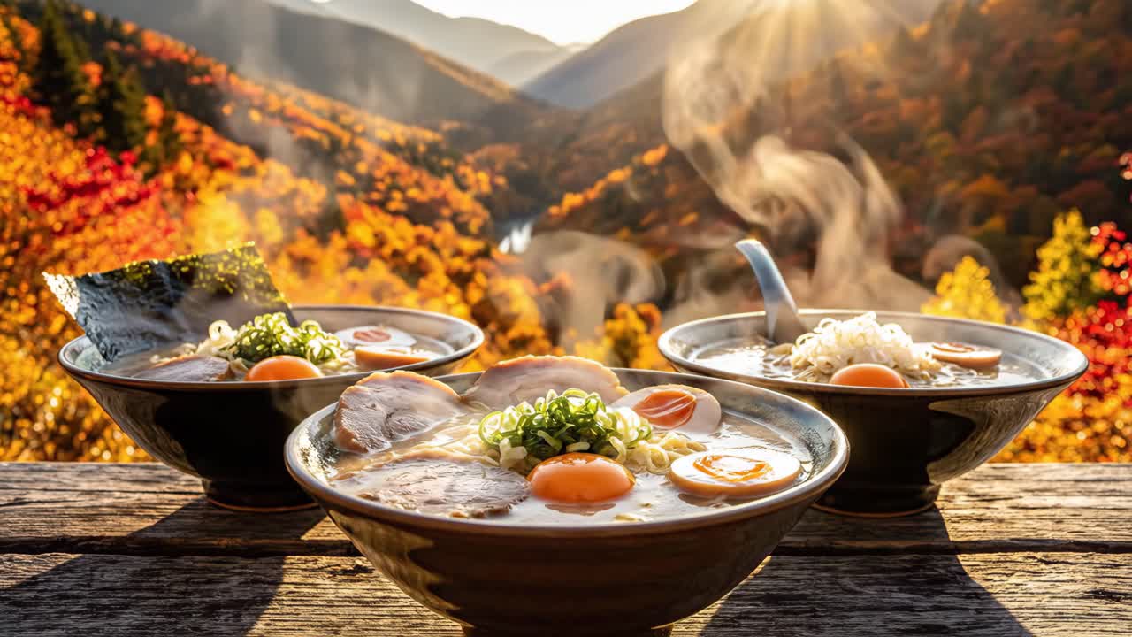 Delicious Ramen Bowls in Scenic Autumn Landscape