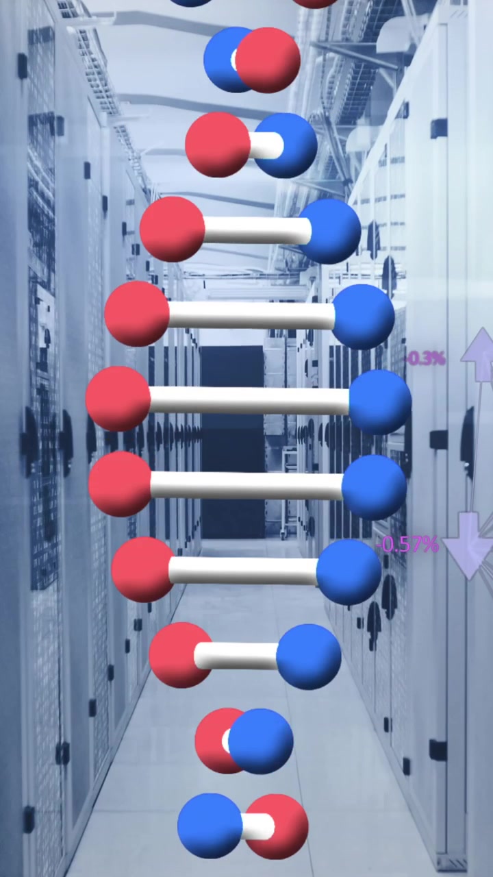 Animation of dna strand spinning and globe with icons over computer servers