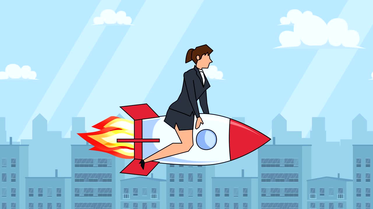 personaje de mujer de negocios de dibujos animados plana volar en un cohete concepto de inicio de animación