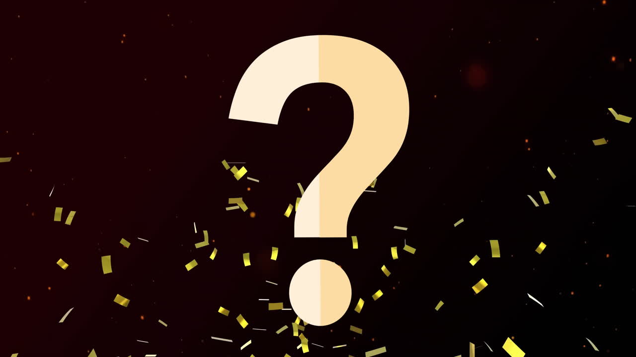 animación de confeti y puntos de luz sobre el signo de interrogación en fondo negro