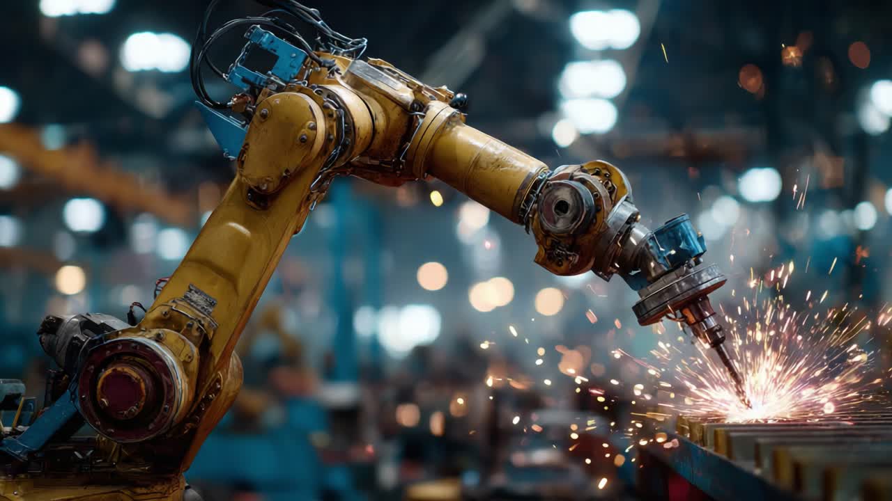 Advanced Industrial Robotic Arm Engaging in Precision Welding and Metalwork, Emitting Sparks and Demonstrating State-of-the-Art Automation Technology in a Manufacturing Environment