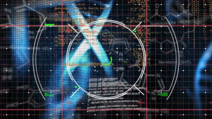 Digital DNA Helix Model with Data Overlay and HUD Interface