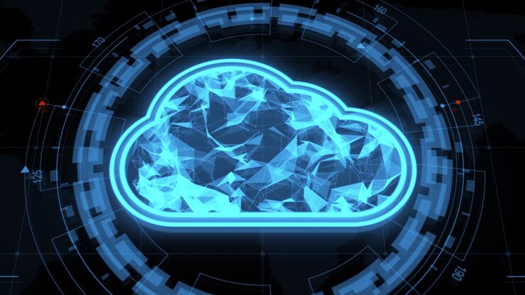 Motion graphic of Blue cloud storage icon with head up display ( HUD UI ) technology interface and futuristic elements