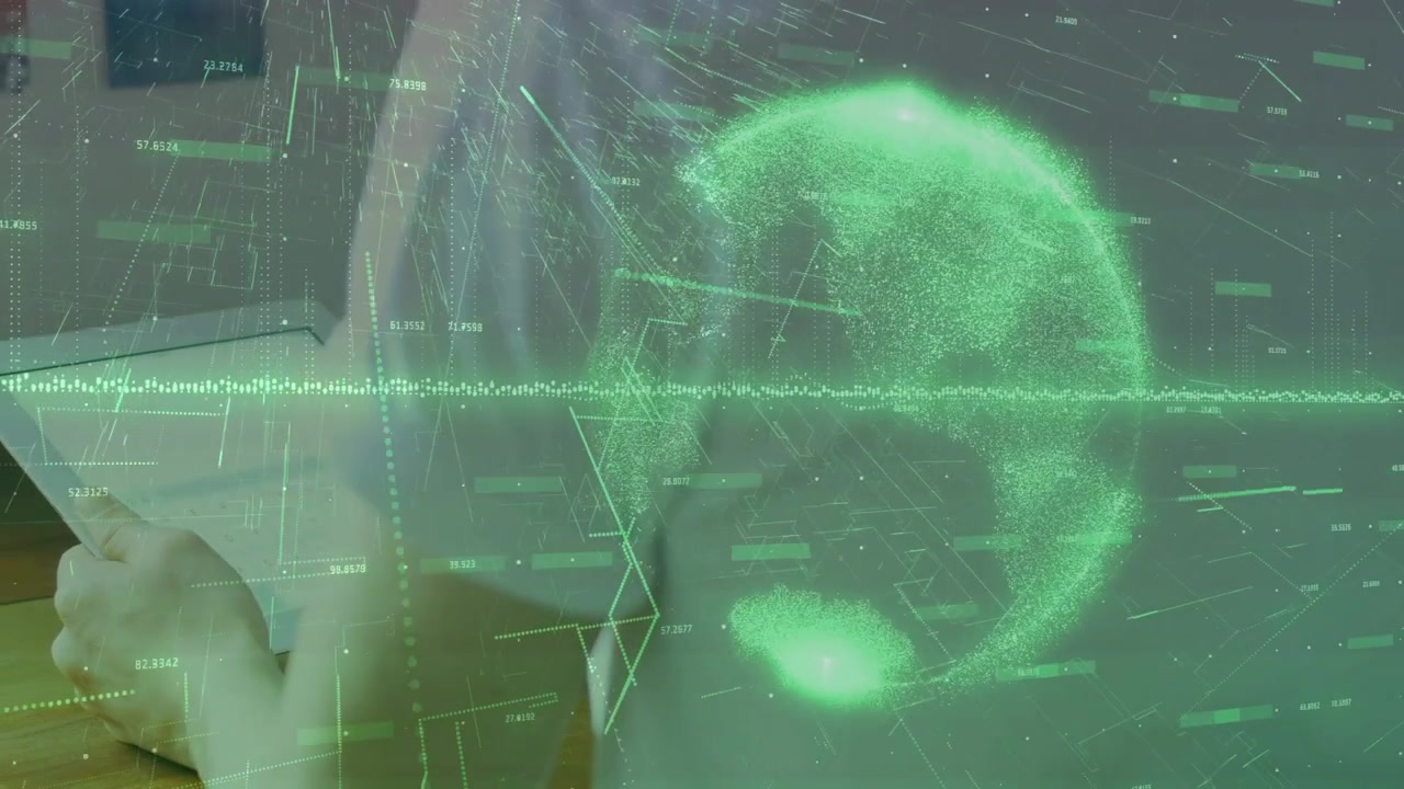 Man holding paper and starting HUD globe,waveform while scanning file and analyzing business data
