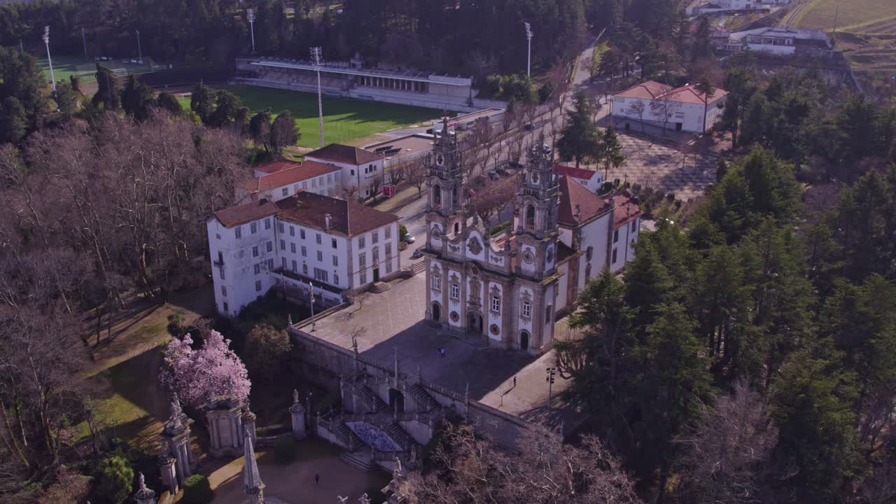 Wide shot of Santu&aacute;rio de Nossa Senhora dos Rem&eacute;dios Lamego day time, aerial