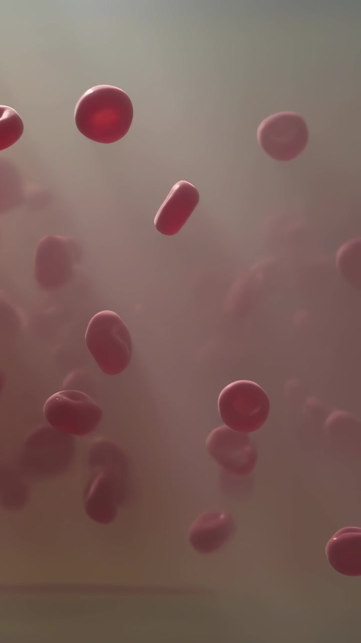 Vertical video: Floating red biconcave discs drifting, rotating in translucent fluid from currents