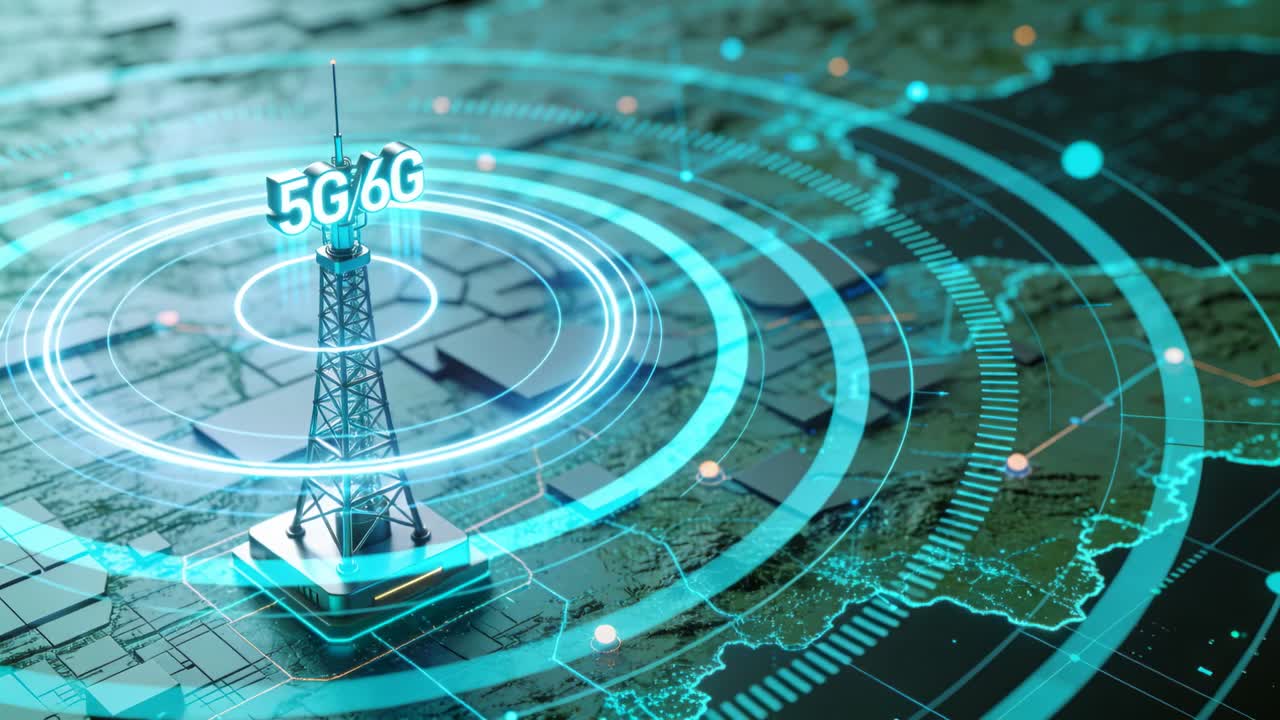 Appearing telecom tower labeled 5G or 6G pulsing rings on holographic map, extending network coverag