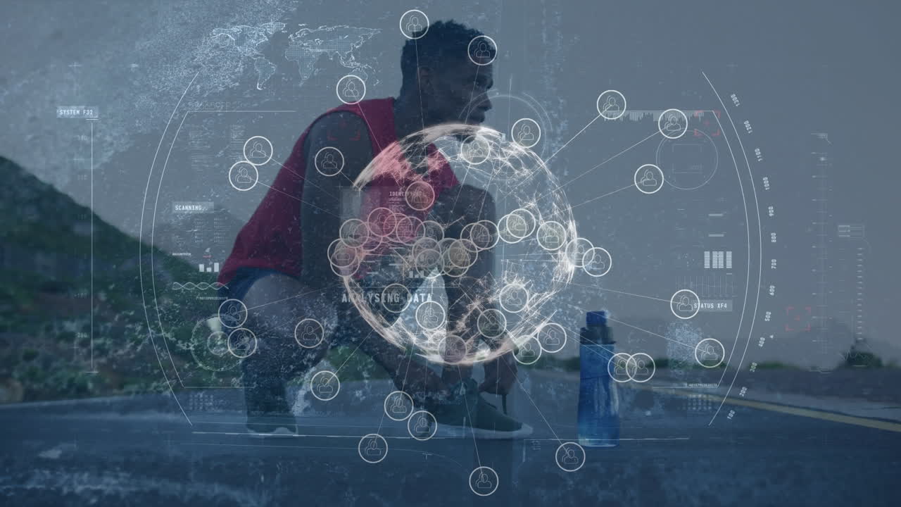 Animation of scope scanning with globe and data processing african american man exercising