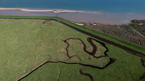 Marshes-of-River-Blackwater-by-Tollesbury-Marina-in-Essex,-UK---Aerial