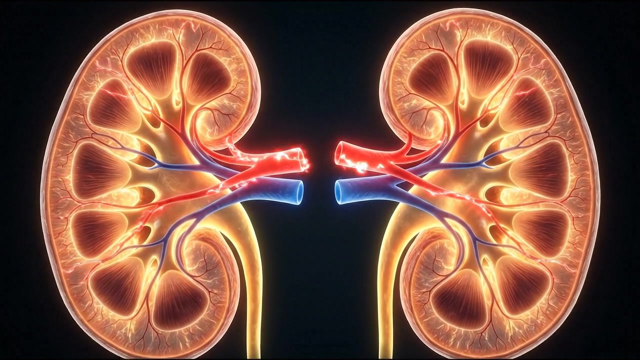 Pair of human kidneys anatomy visualization with renal arteries and veins