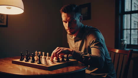 man playing chess in a cozy room at night