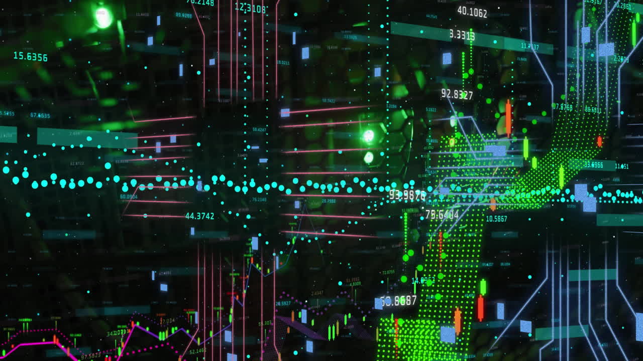 Animation of data processing and circuit board connections over black background