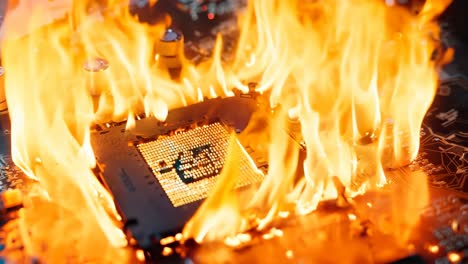 una placa base de computadora en llamas con una placa de circuitos en el fondo