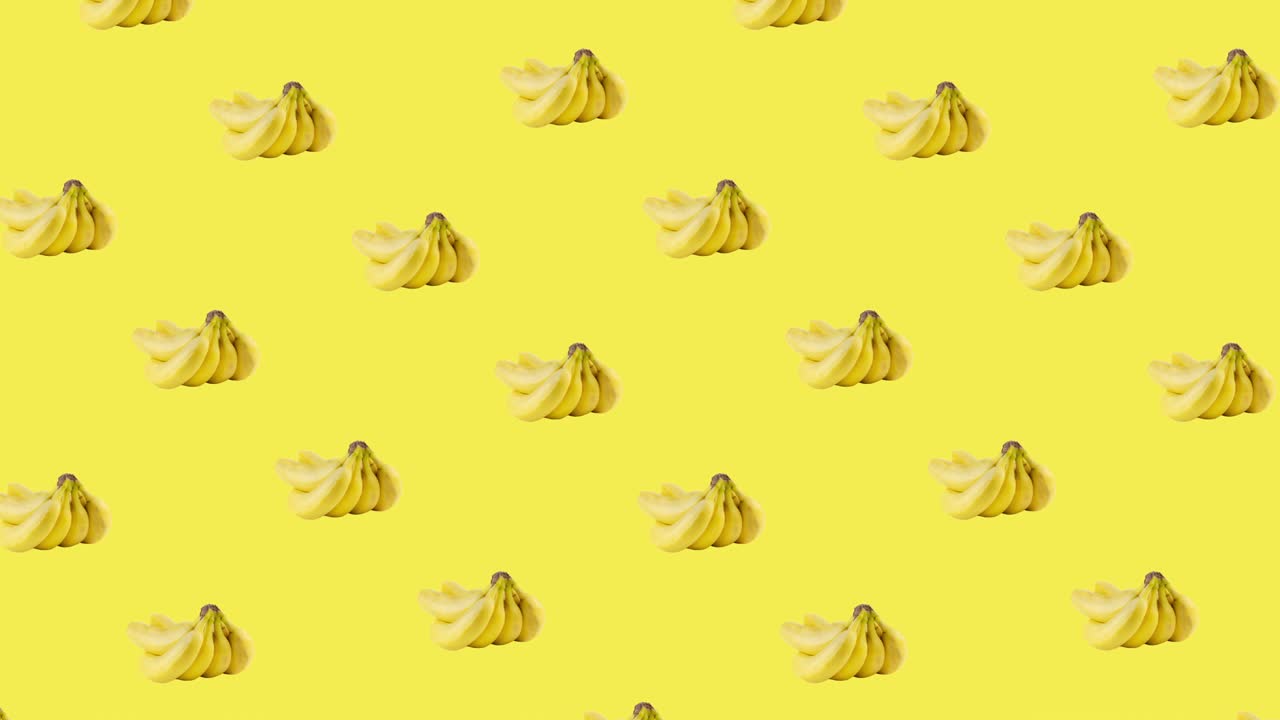 seamless pattern with many bunch of bananas animated in different or diagonal direction on a yellow background. realistic 3d tropical food
