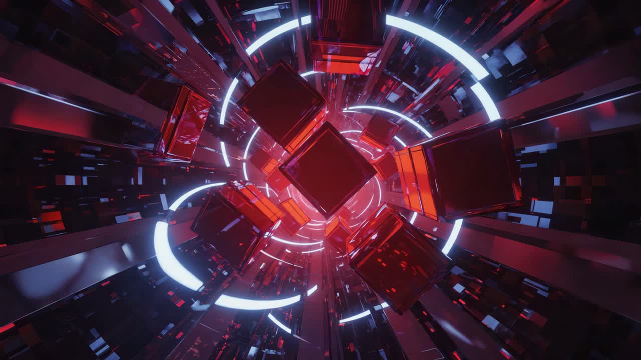 Abstract Geometric Tunnel with Red Cubes and White Lights