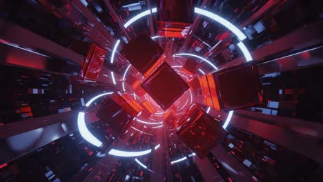 abstract geometric tunnel with red cubes and white lights