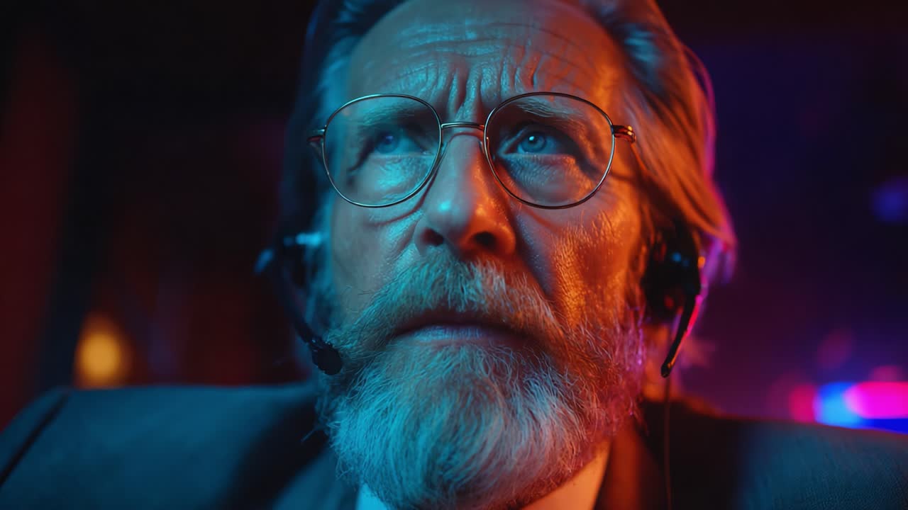 Intense Close-Up of a Focused Man with Headset, Displaying Deep Concentration and Emotion in a Dimly Lit Environment, Capturing Dramatic Lighting and Expression