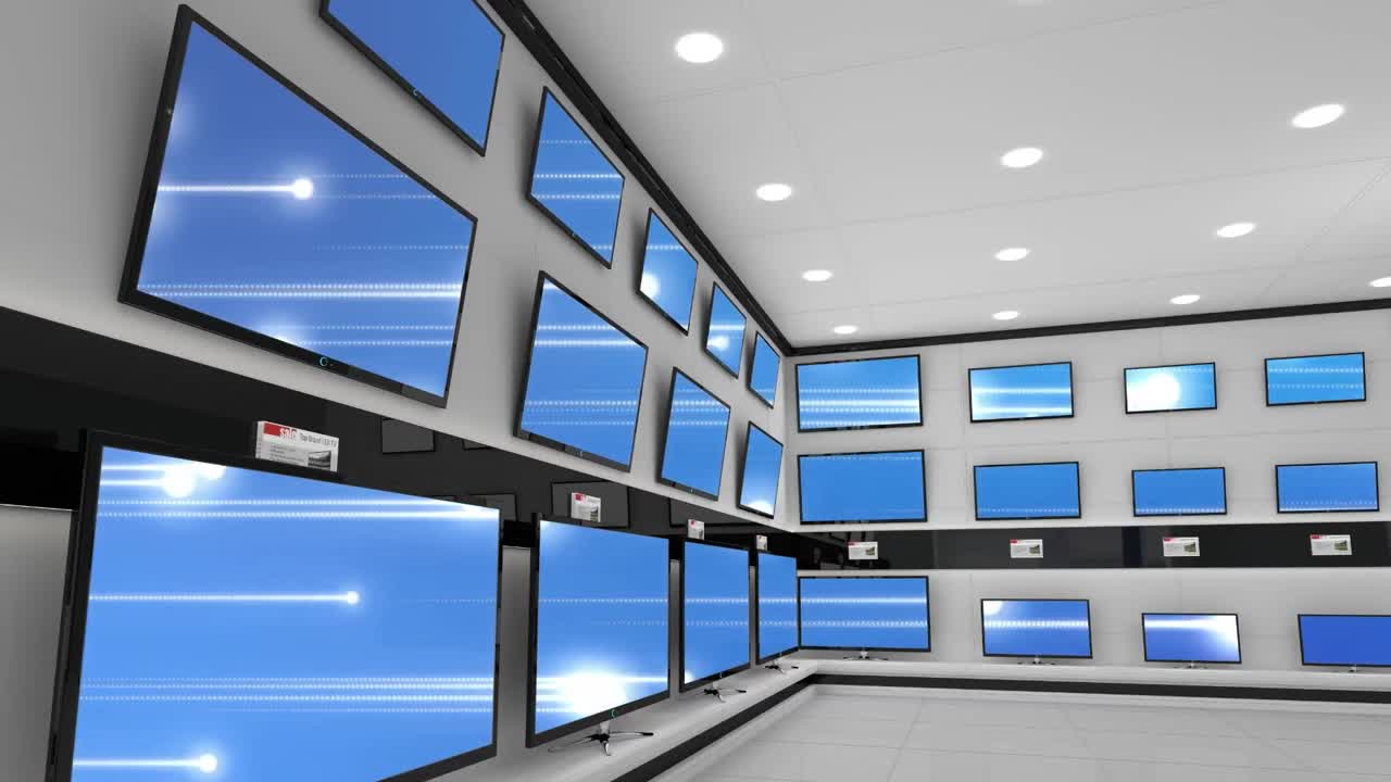 여러 텔레비전의 스크린에서 동기화 된 비디오를 재생 하는 전자 제품 상점의 내부
