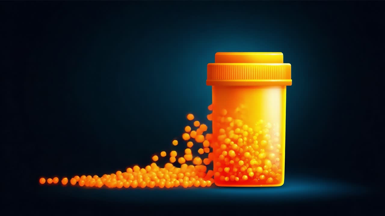 A vibrant orange pill bottle spills colorful beads against a dark backdrop, creating a dramatic and alluring visual that captures the essence of pharmaceutical aesthetics and design