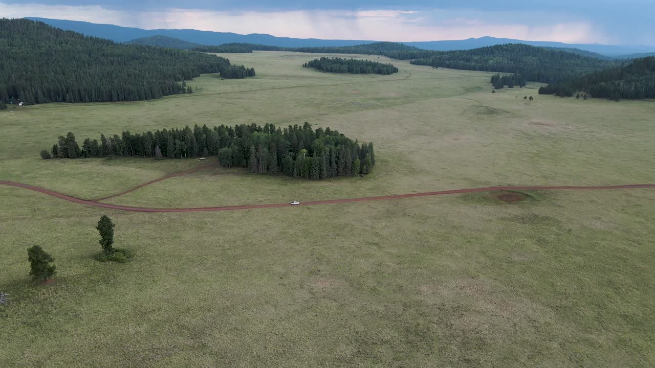 vista aérea de un coche conduciendo por un camino de tierra en una zona de acampada de arzona con hermosos pinos