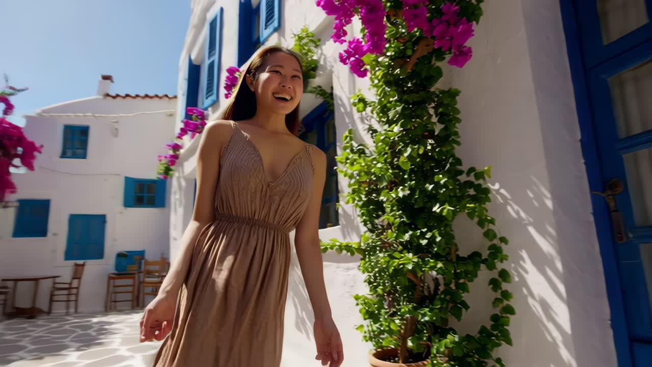 Woman explores charming Greek island village street