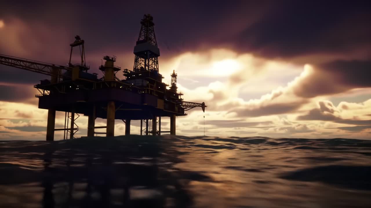Omfattende udsigt over en offshore olieplatform i silhuet mod en dramatisk solnedgangshimmel, omgivet af bølgende vand og skyer