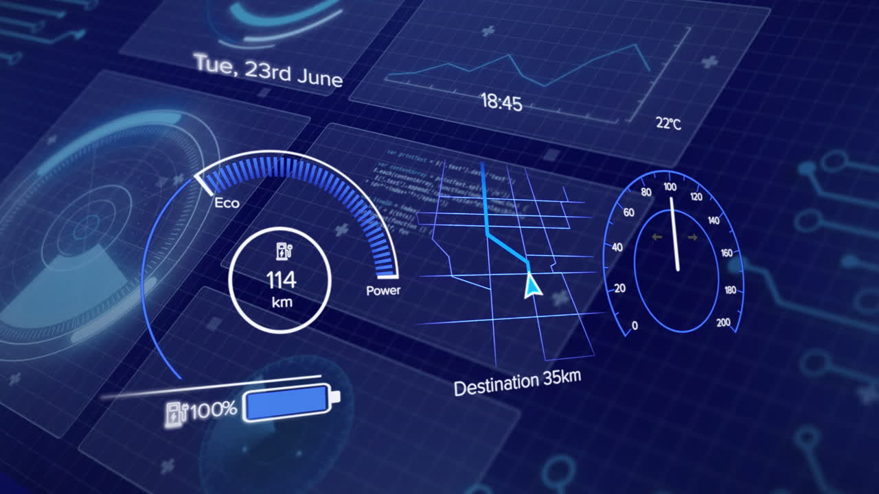 animación de la cabina del coche sobre el procesamiento de datos sobre fondo azul