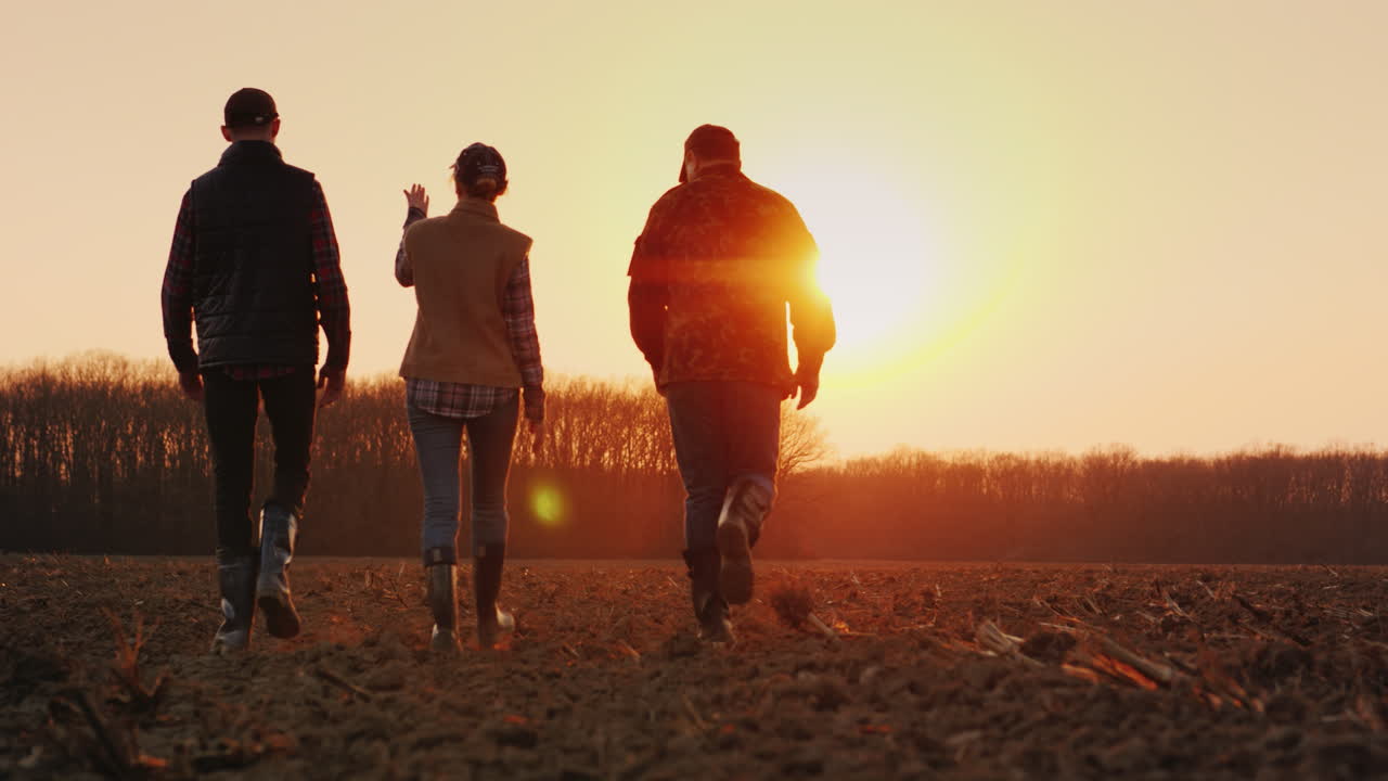 3명의 농부가 일몰 젊은 농부 팀 4k 비디오에서 밭을 갈다