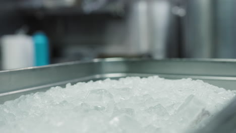 close up view of a chef collecting ice from a aluminum tray in a kitchen of a french chef restaurant