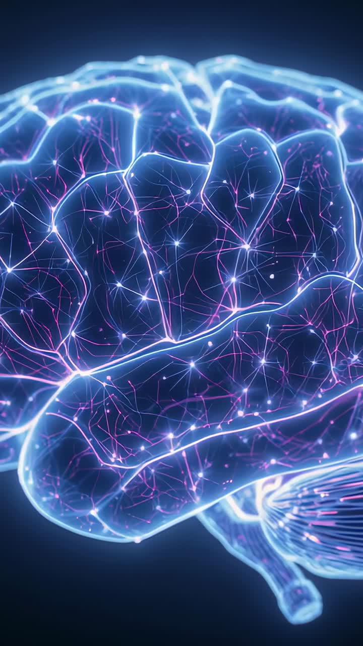 Vertical video: Initializing 3D brain model pulsing magenta electric filaments in void, for demo