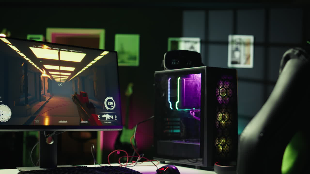 FPS videogame left open on pc display and computer peripherals in apartment