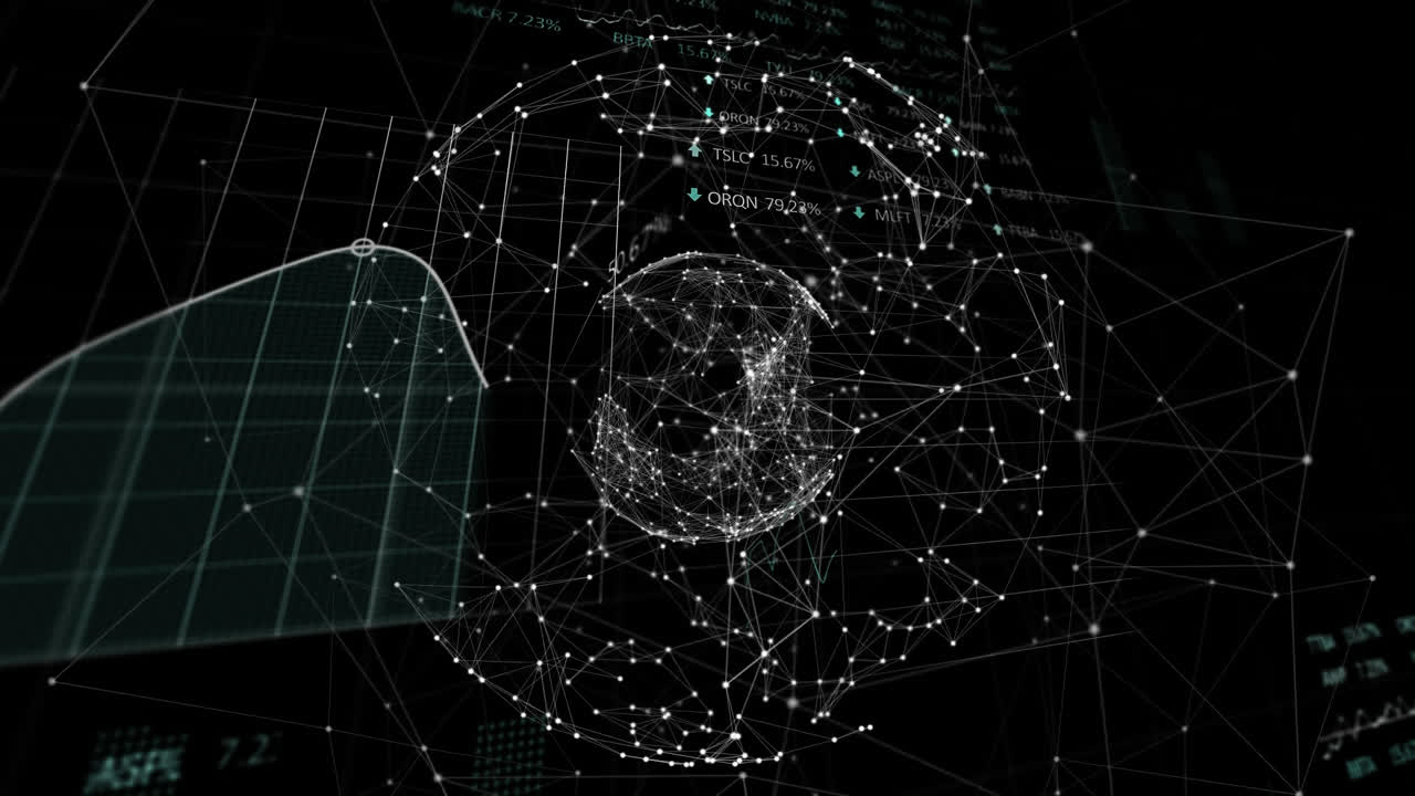 Animation of stock market display and globe spinning on black background. 