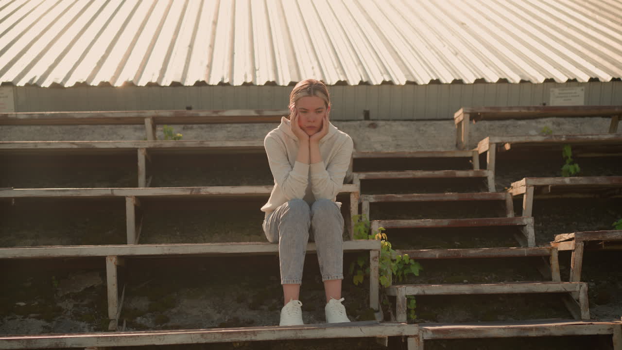 캐주얼한 후디와 청바지를 입은 사려 깊은 여성은 조용한 야외 환경에서 사려 깊고 반성하는 것처럼 보이는 에 손을 고 시골 스타디움의 관중석에 앉아 있습니다.