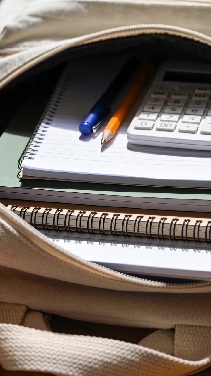 Vertical video: Pulling zipper, hands arranging notebooks, calculator in backpack at desk studying