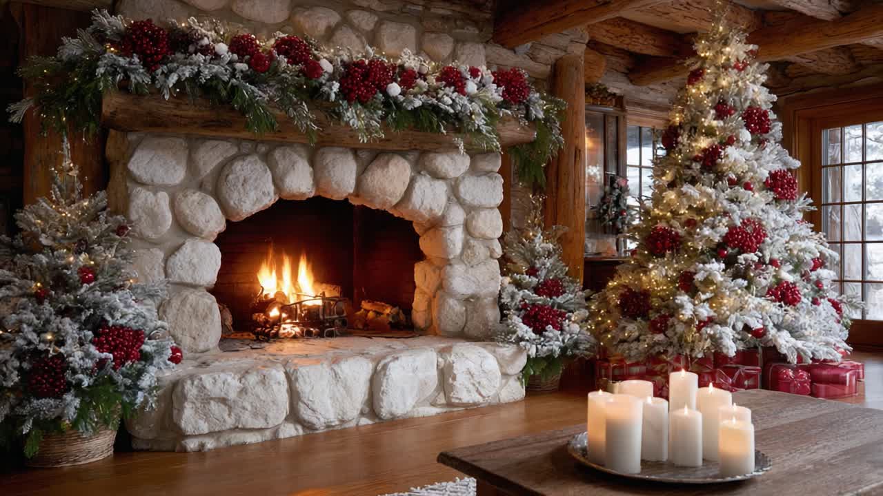 A Warm and Inviting Rustic Holiday Living Room with a Stone Fireplace, Adorned Christmas Trees, and Cozy Candles Creating a Festive Atmosphere