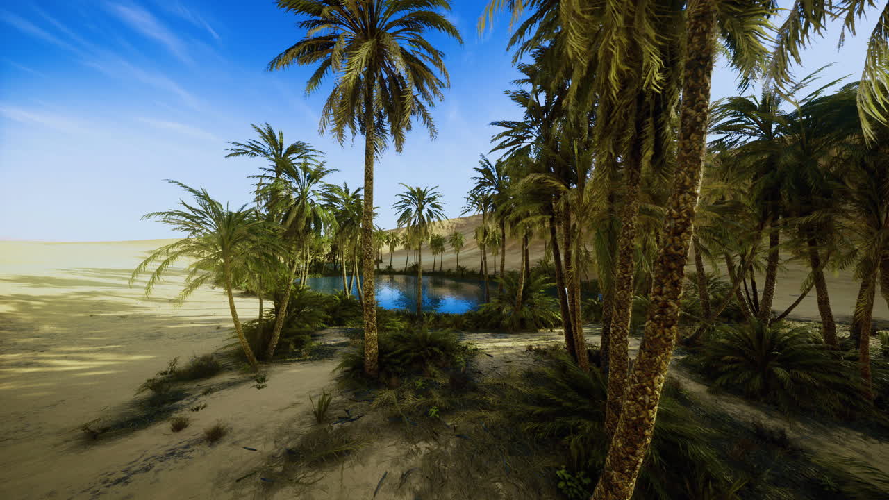 Palme circondano una tranquilla oasi in un vasto paesaggio desertico