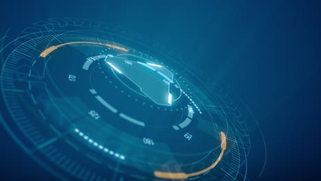 motion graphic of 3d blue circle rotation with head up display ( hud ui ) technology interface and futuristic elements abstract background