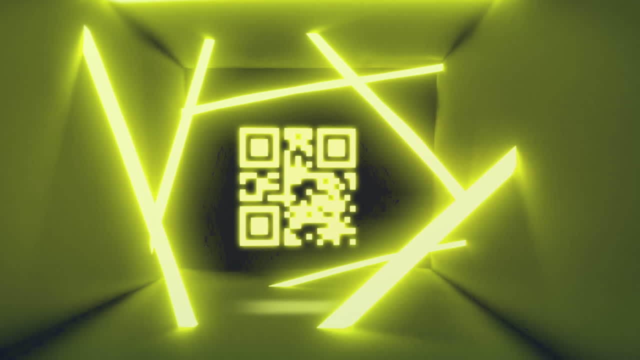 Animation of neon qr code moving in green digital space
