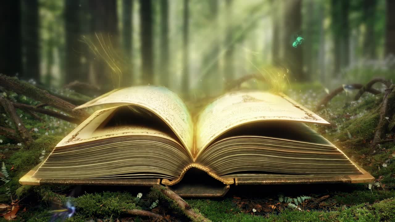 Libro magico in una foresta, pagine luminose, inquadratura dal basso