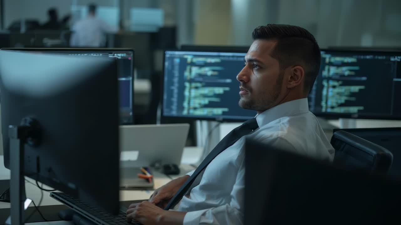 Typing South Asian man in tie reviewing code on monitors, resuming typing in cubicle, copy space