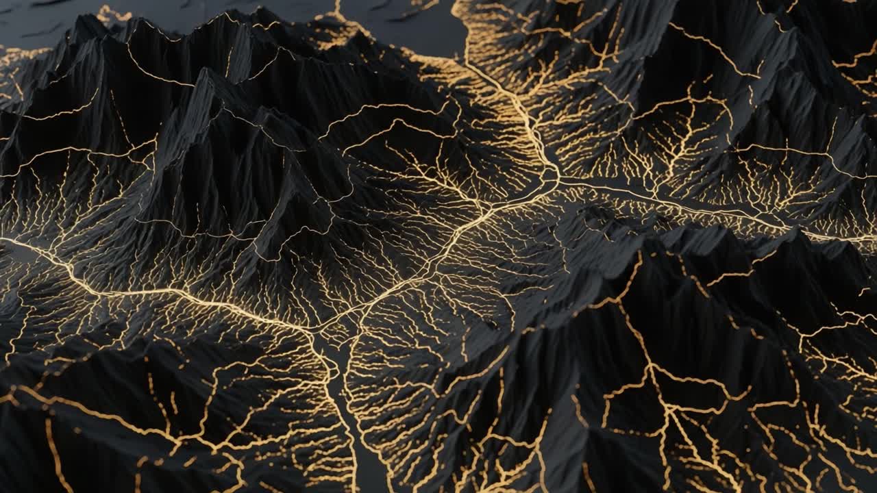 Stunning Visualization of Mountainous Terrain with Intricate Golden Light Patterns Highlighting the Natural Landscape in a 3D Digital Render